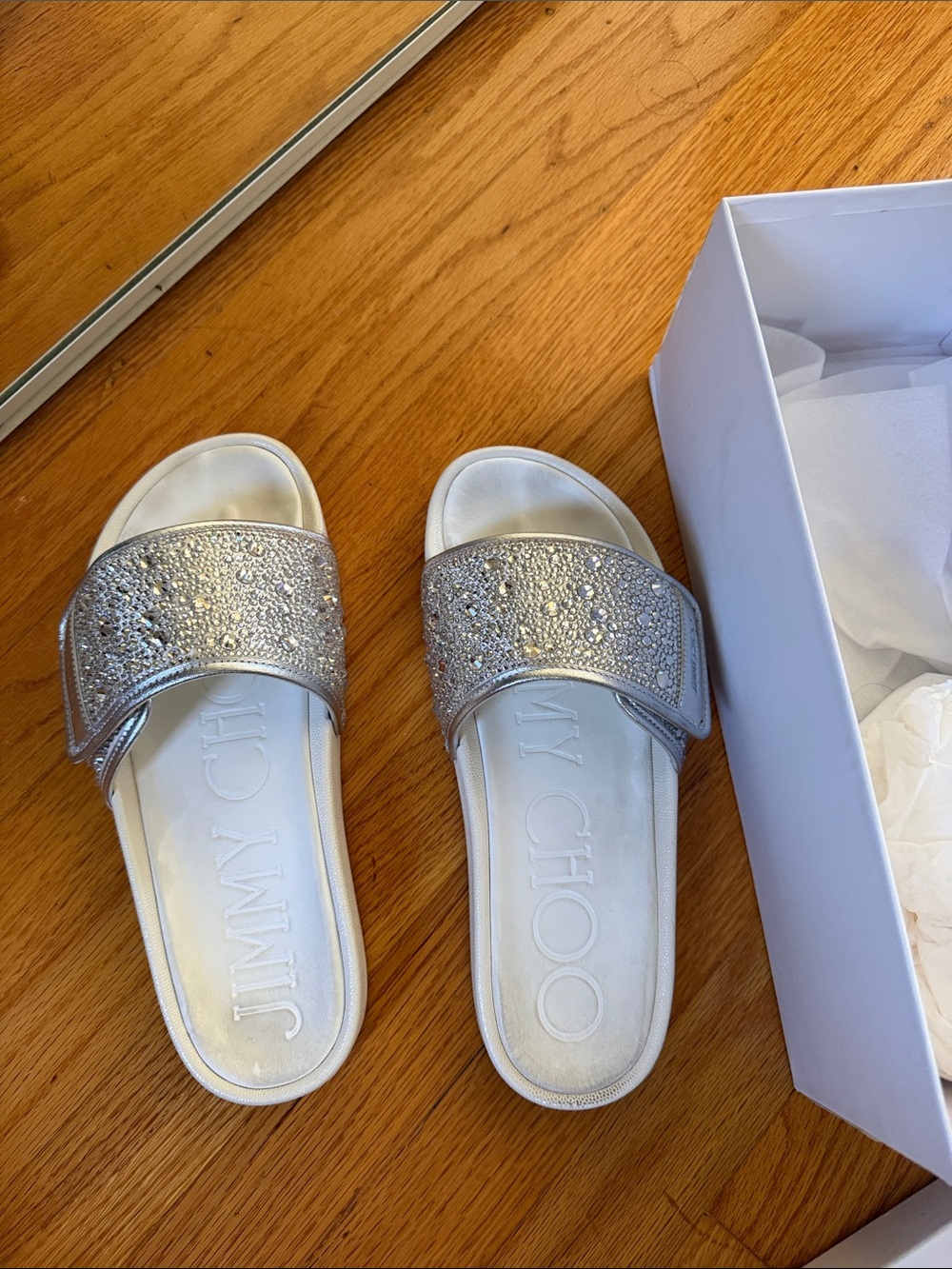 Jimmy Choo Silver Crystal Embellished Slide Sandals with original box